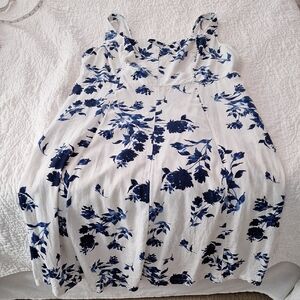 Old Navy 2x Blue White Floral Linen Fit Flare Emipre Dress Pockets